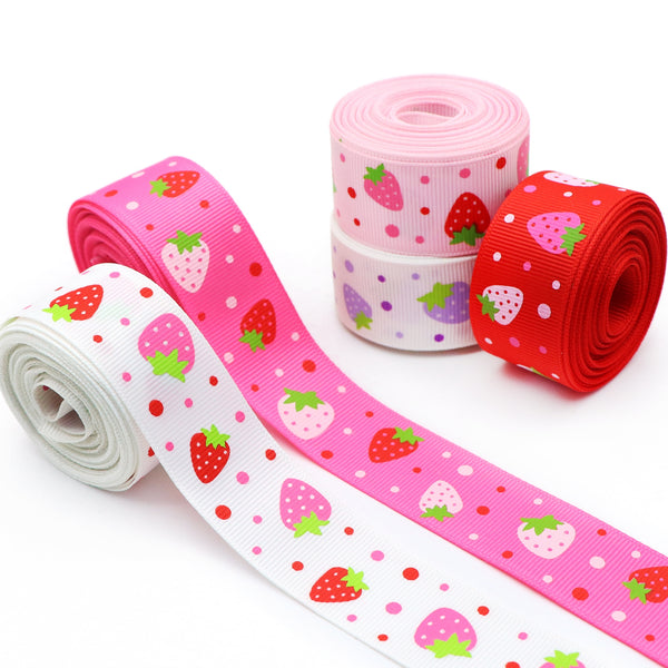 1pc 5yards 25mm/1 in Strawberry Print Grosgrain Ribbon Roll For Wreaths Gift Wrapping Party Decoration DIY Hair Bows Crafts Headwear Decoration Sewing Accessories