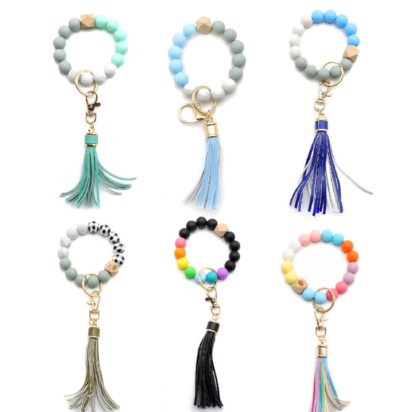 1Pc Silicone Bracelet Keychain Beaded Wristlet Bangle Keyring Portable House Car Keys Ring Holder with Tassel for Women