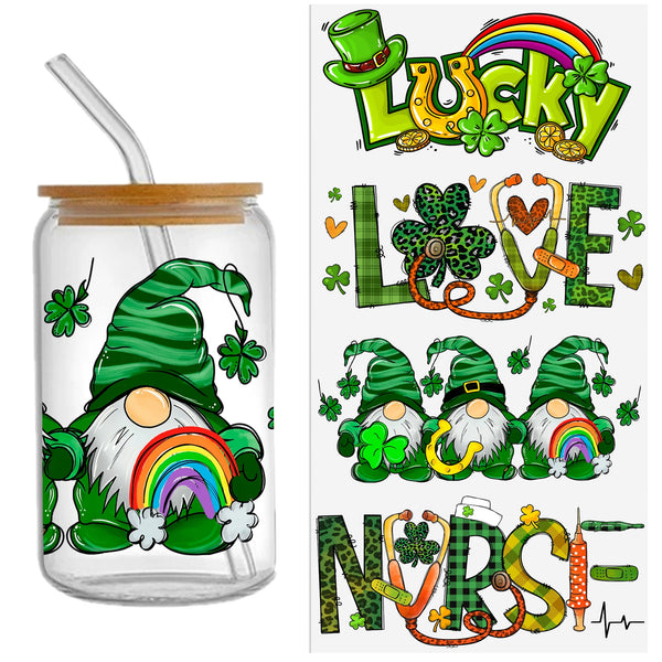 4pcs/Set Waterproof St. Patrick's Day Gnome Series Sticker For 16oz Glass Cups,Uv Dtf Transfer Diy Crystal Label,Faith Cross Libbey Glass Wrap ,Vinyl Cup Wrap ,Uv Stickers Diy Sticker For Glass Bottle-High Quality (11x24cm) 4.3inX 9.4in