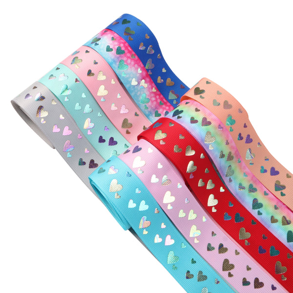 1 Roll,1Inch/25mm X 5 Yards/roll Rainbow Heart Foil Grosgrain Ribbon For Gift Wrapping Ribbon Valentine Holiday DIY Craft Ribbons For Home Party Decor