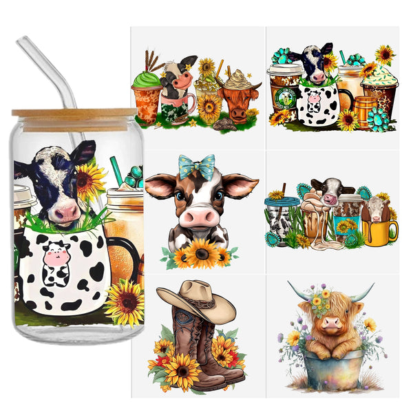 6pcs/set UV DTF Cup Wrap Decals cow Design For Any Hard Surface, UV DTF Transfer Sticker Waterproof Sticker For Libbey Glass Cups Tumbler Furniture Craft Wood DIY Crafts