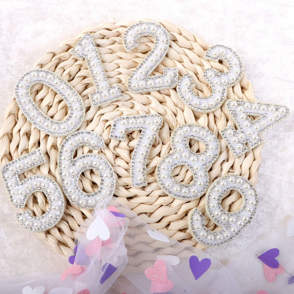 10pcs 0-9 1set 3D white Bottom Pearl Letter Patches number Rhinestone Applique For Clothes Iron On Stripe Badge DIY birthday age, DIY clothes class grade， for gifts