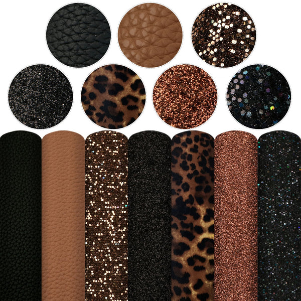 7Pcs 20x33cm Faux Leather Set Leopard Printed Synthetic Leather Fabric Sheets Shimmer Chunky Fine Glitter for DIY Earrings Crafts Bags Projects