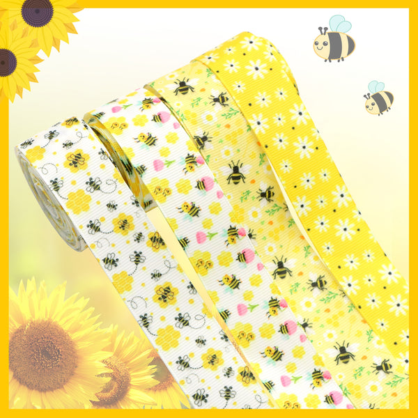 Bees & Flower Themed Ribbon Set, 1-Inch Wide, 20 Yards - Perfect for Gift Wrapping, Hair Bows, Crafts, and Holiday Decorations