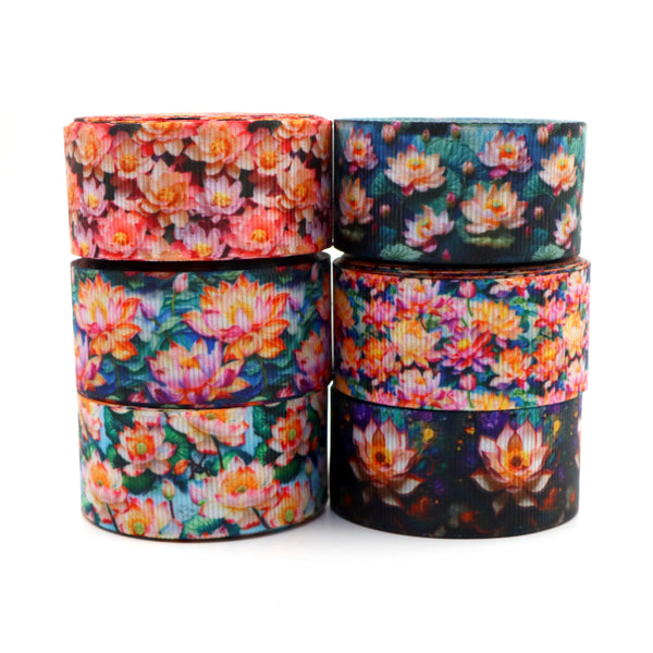 6 Rolls, 1 Inch X 5 Yards/roll Flower Printed Grosgrain Ribbon Set Imitation Embroidery Series Ribbon For Gift Wrapping Ribbon Holiday DIY Craft Ribbons For Home Party Decor