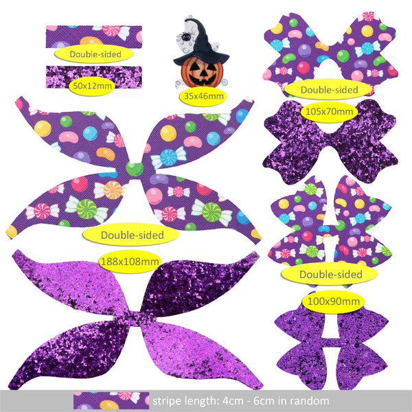 Halloween Candy Pumpkin Printed Faux Synthetic Leather Bow-knot Kit DIY Hair Bow Making For Bow-knot Handmade Material Without Clips