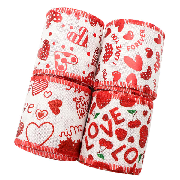 1Roll, 5yards Valentine's Day Wired Edge Ribbon Red Foiled Heart Patterned Ribbon Craft Ribbon Gift Wrapping Ribbon For Valentine's Day Wedding Anniversary Birthday Wreath Floral Bows Craft