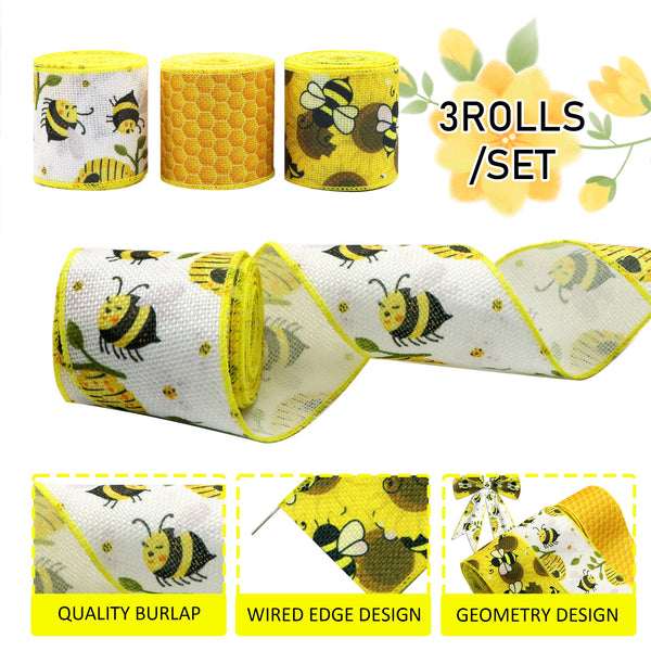 3Rolls, Summer Bee Linen Wired Edge Ribbons (2.43 Inch X 5 Yards), Summer Wired Ribbon, Hexagon Ribbons For Wreath Floral Arrangements, Crafts Sewing Wrapping Supplies