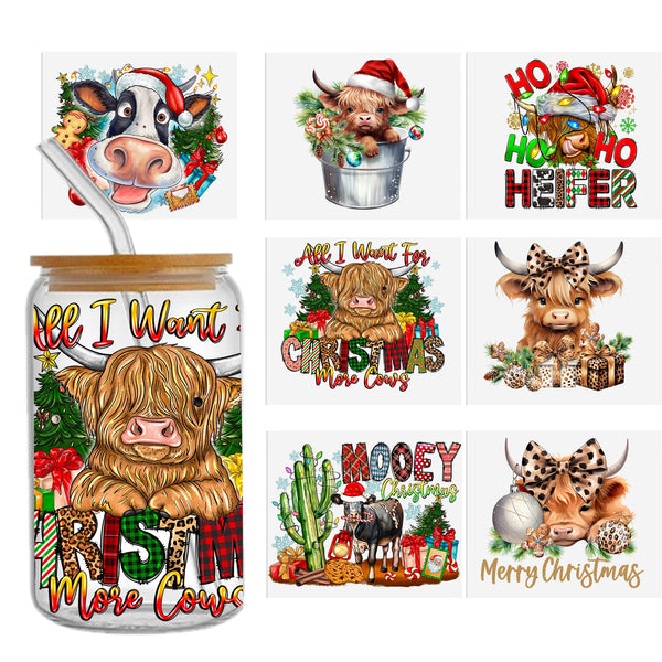 7pieces/set UV DTF Cup Wrap Decals cow, Christmas  Series For Any Hard Surface, Scratch-Resistant Decals With Vibrant Colors & UV DTF Transfer Sticker Waterproof Sticker For Libbey Glass Cups 16OZ DIY Tumbler Furniture gift