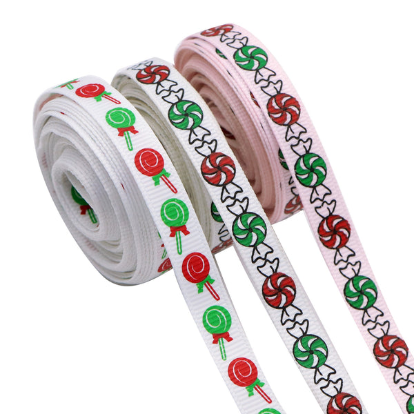 1pc,Christmas Candy Print Grosgrain Ribbon Roll - 5 Yards 9mm/0.35inch for DIY Hair Bows, Wreaths, Gift Wrapping, Party Decoration, Headwear, Garment Decor and More