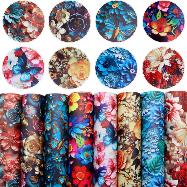 8pcs/set 3D Scene Blossom Flowers Floral Butterfly Printed Faux Leather Sheets 7.87x12.99inch Synthetic Leather Fabric For DIY Handmade Earrings Bows Bags Crafts Decorations