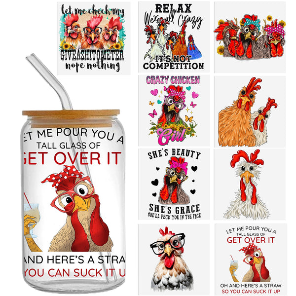 9sheets Chicken Pattern animal series UV DTF Cup Stickers, Waterproof Sticker Pack For Decorating Mugs, 16OZ ，Cups, Bottles, School Supplies, Etc, Arts Crafts, DIY Art Supplies