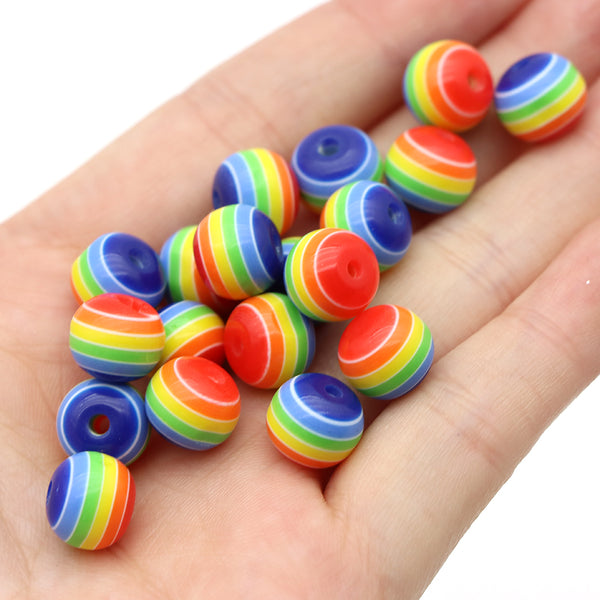 10pcs 10mm Rainbow Resin Striped Beads Round Candy Color Lined Stripe Beads Bubble Gum Beads Bulk For DIY Bracelet Necklaces Supplies Jewelry Making