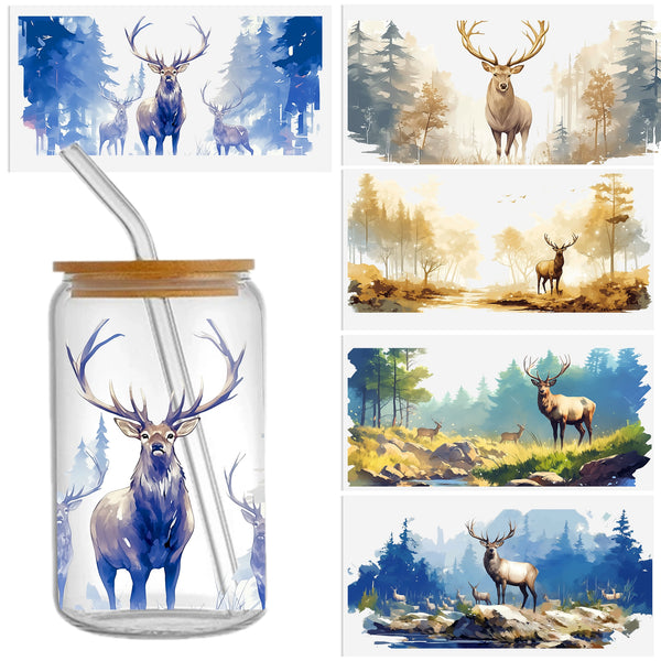 5pcs/set UV DTF  Wrap Decals Elk In Snow Mountain Fore Series For Any Hard Surface, Scratch-Resistant Decals With Vibrant Colors & UV DTF Transfer Sticker Waterproof Sticker For Libbey Glass Cups 16OZTumbler Furniture gift Craft Wood DIY Crafts cup