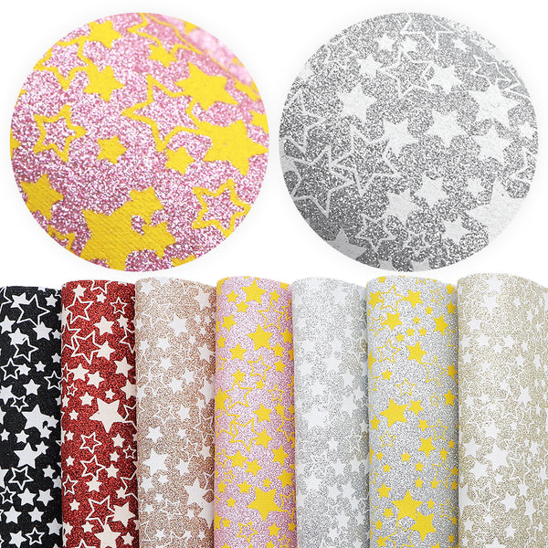 7Pcs/set 7.87x12.99inch Ink Printing Faux Leather Set Cow Fine Glitter Synthetic Leather Fabric Sheets for DIY Earrings Hair Bows Crafts Projects