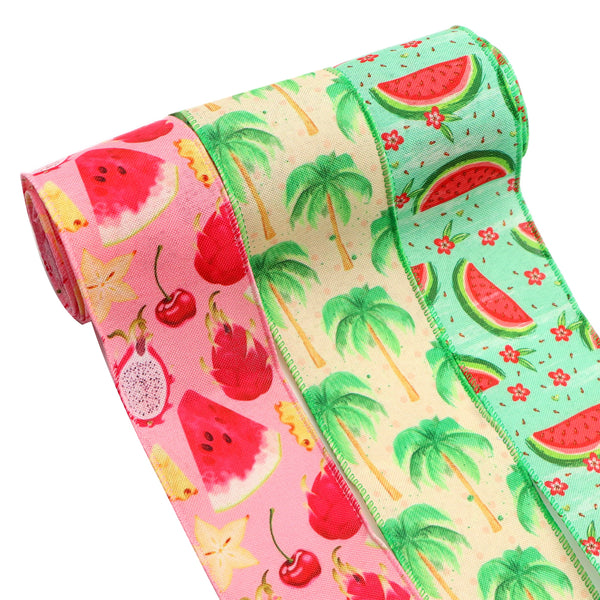 1Roll, 5yards 63mm/2.48inch Watermelon Coconut Palm Tree Webbing Wired Edge Ribbon Craft Ribbon Gift Wrapping Ribbon For Wedding Anniversary Birthday Wreath Summer Bows Craft